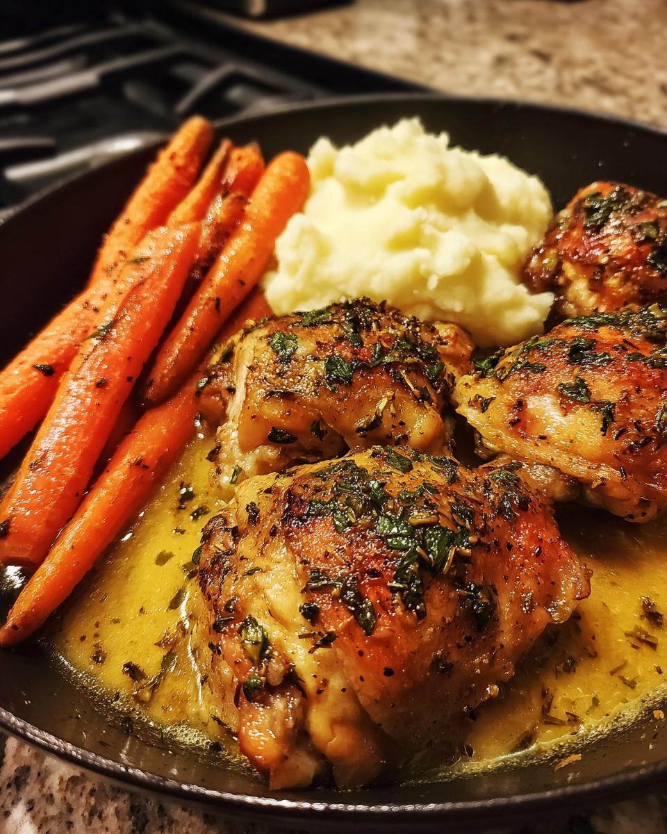 A close-up of a garlic herb chicken dinner featuring roasted chicken thighs, mashed potatoes, and glazed carrots.