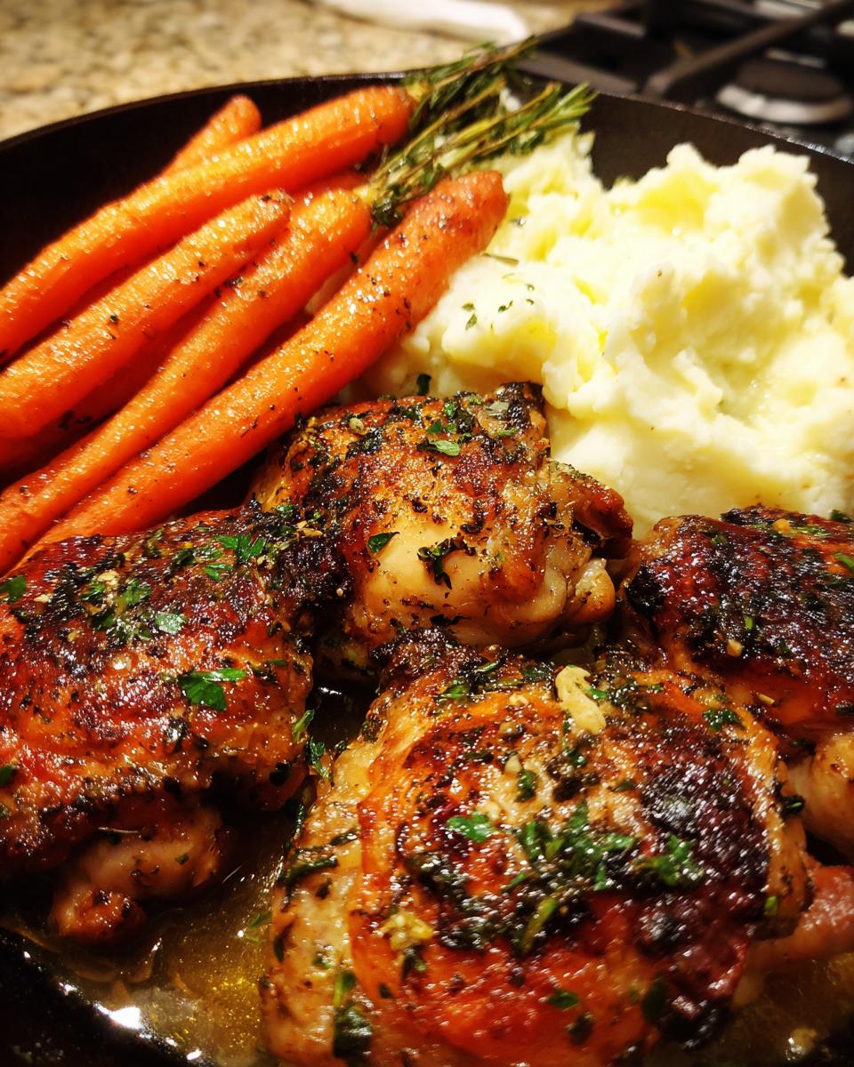 Close-up of a garlic herb chicken dinner featuring roasted chicken thighs, whole roasted carrots, and creamy mashed potatoes.