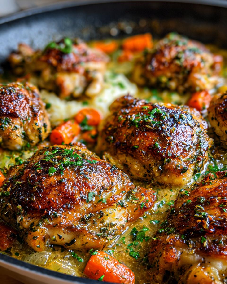 Close-up of juicy garlic herb chicken thighs with carrots in a savory sauce, garnished with fresh parsley.