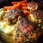 Close-up of a delicious garlic herb chicken dinner with creamy mashed potatoes and roasted carrots.