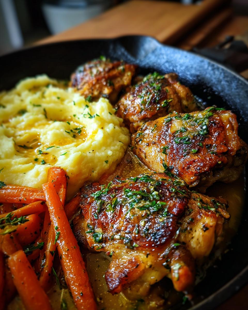 Close-up of a garlic herb chicken dinner with mashed potatoes and roasted carrots in a cast iron skillet.