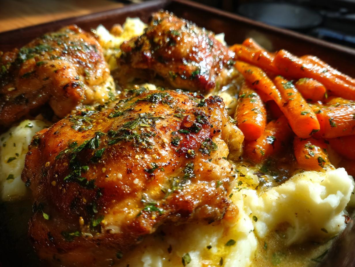 Close-up of a delicious garlic herb chicken dinner featuring tender chicken thighs, creamy mashed potatoes, and glazed carrots.