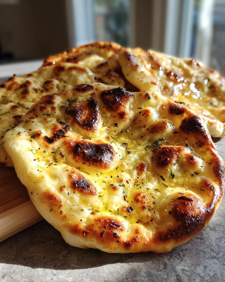 Close-up of freshly baked garlic naan bread brushed with melted butter and herbs.