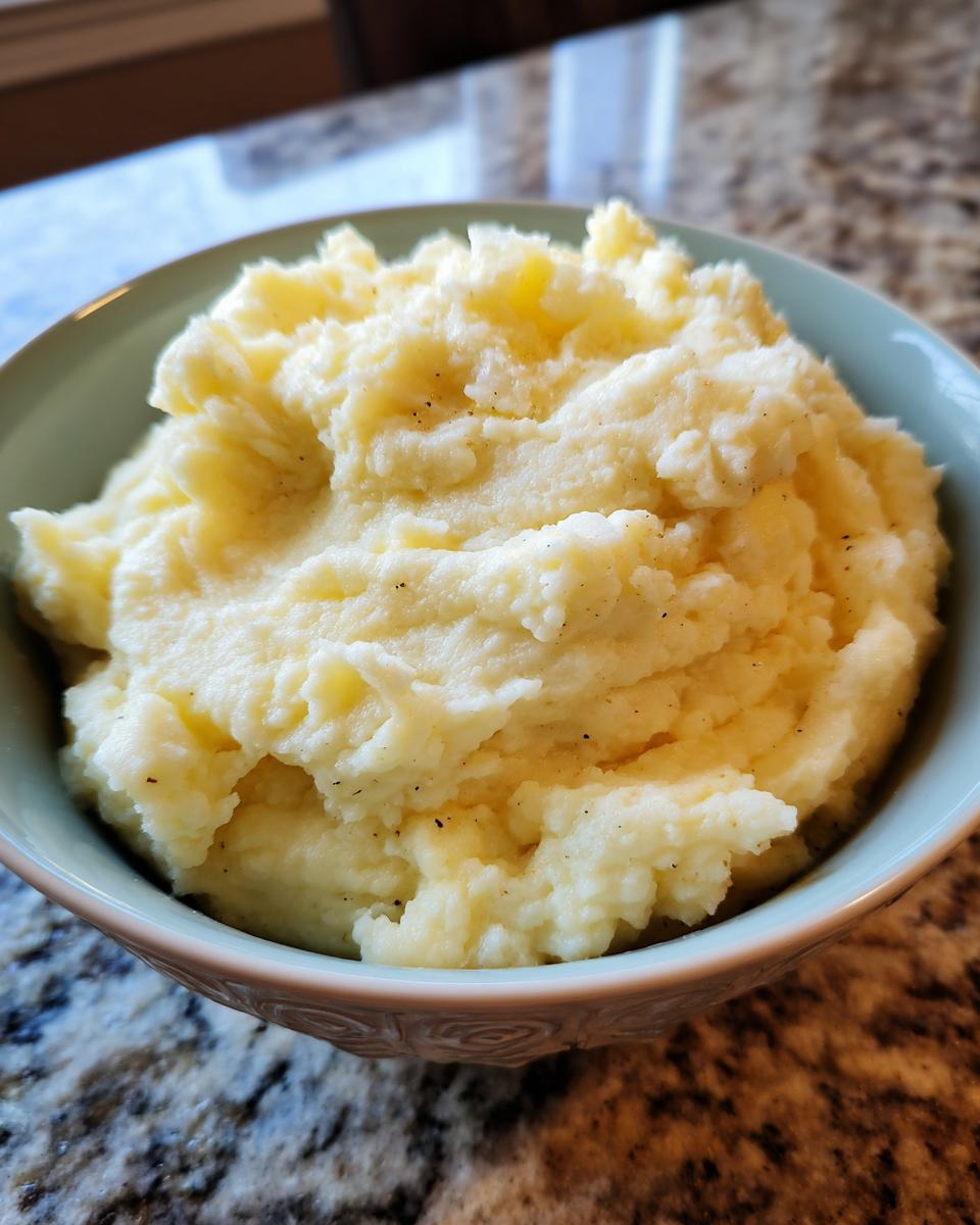 A bowl of fluffy, creamy garlic parmesan mashed potatoes seasoned with black pepper.