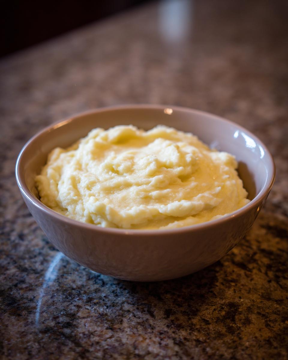 A close-up of a bowl filled with fluffy garlic parmesan mashed potatoes.