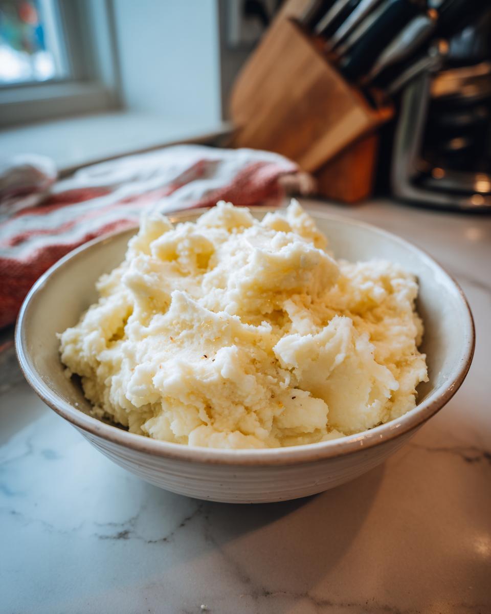 A bowl of fluffy garlic parmesan mashed potatoes, seasoned with herbs and spices.
