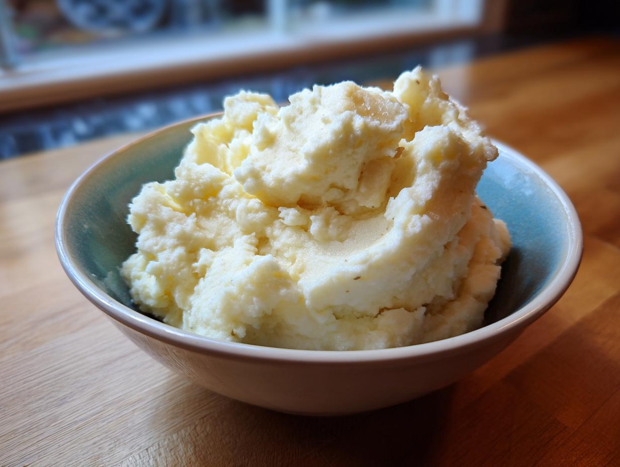 A bowl of fluffy garlic parmesan mashed potatoes, showing their creamy texture.