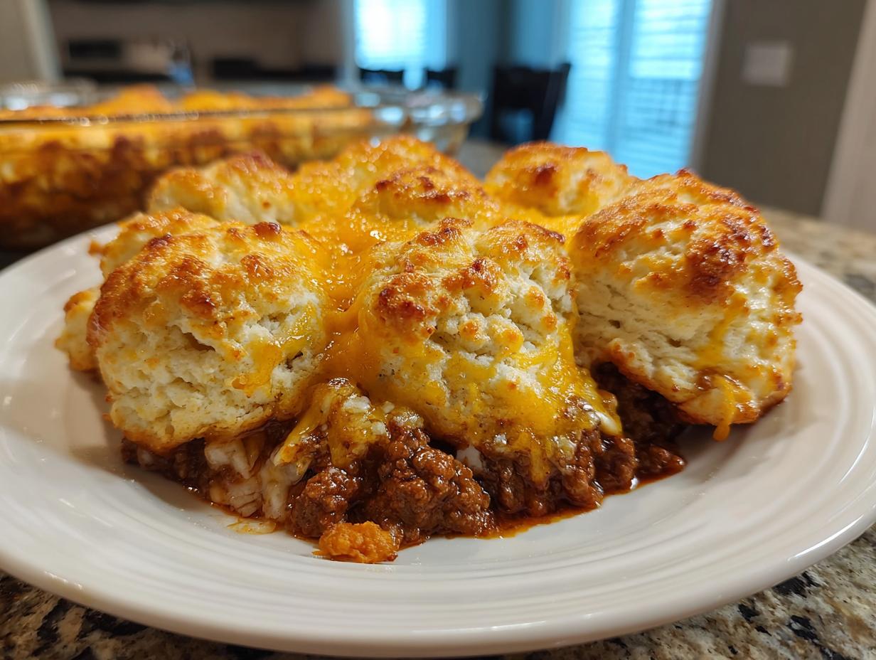 A serving of ground beef casserole topped with golden brown biscuits and melted cheddar cheese.