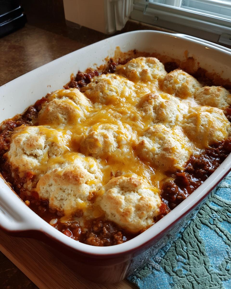 A close-up of a ground beef casserole topped with golden biscuits and melted cheddar cheese.