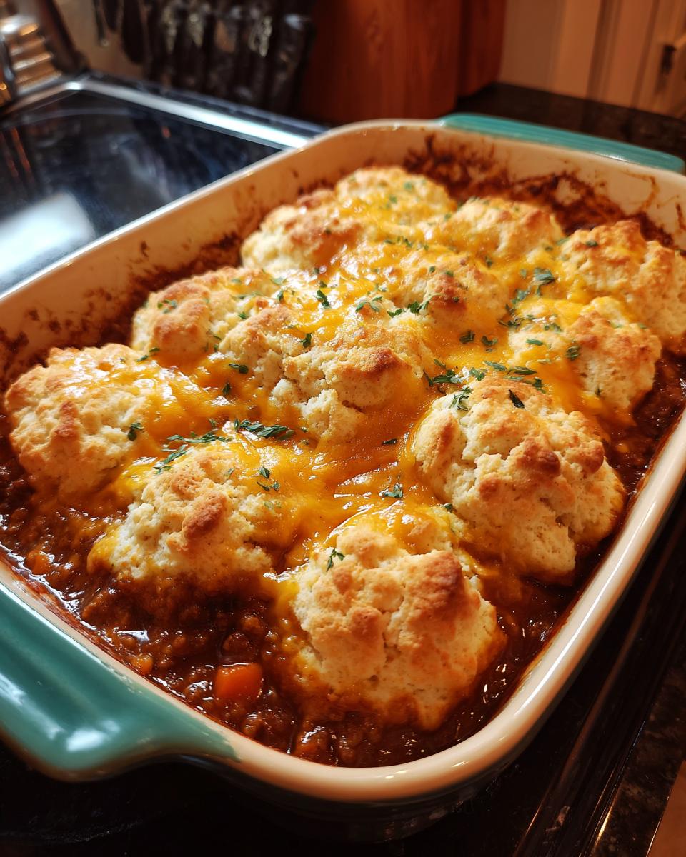 A close-up of a hearty ground beef casserole topped with golden biscuits and melted cheddar cheese, garnished with parsley.