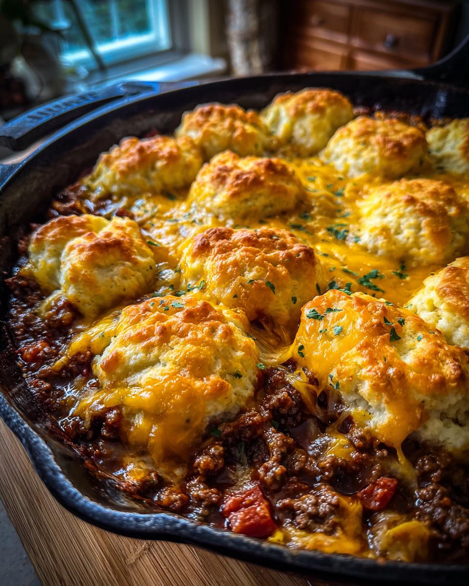 Close-up of a hearty ground beef casserole topped with golden biscuits and melted cheddar cheese.