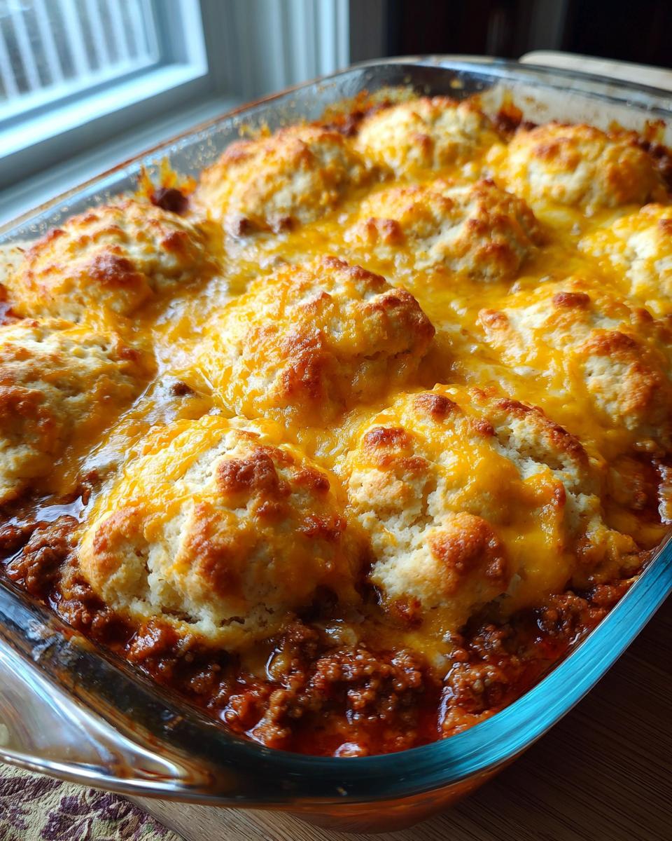 A close-up of a baked ground beef casserole topped with golden-brown biscuits and melted cheddar cheese.
