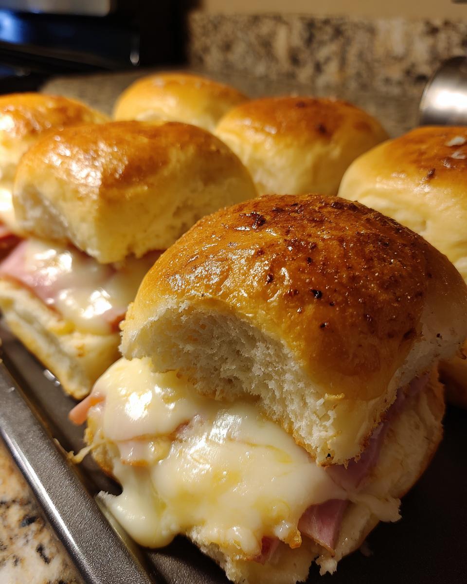 Close-up of golden-brown Ham and Cheese Sliders with melted cheese oozing out.
