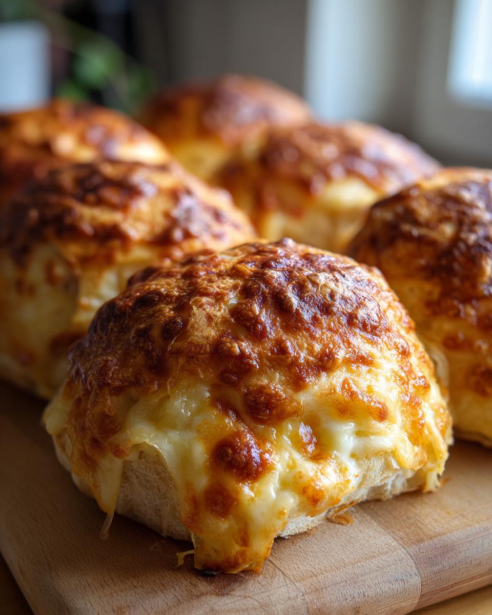 Close-up of golden-brown Ham and Cheese Sliders topped with bubbly, melted cheese.