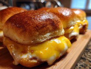 Close-up of delicious ham and cheese sliders with melted cheddar cheese oozing out.