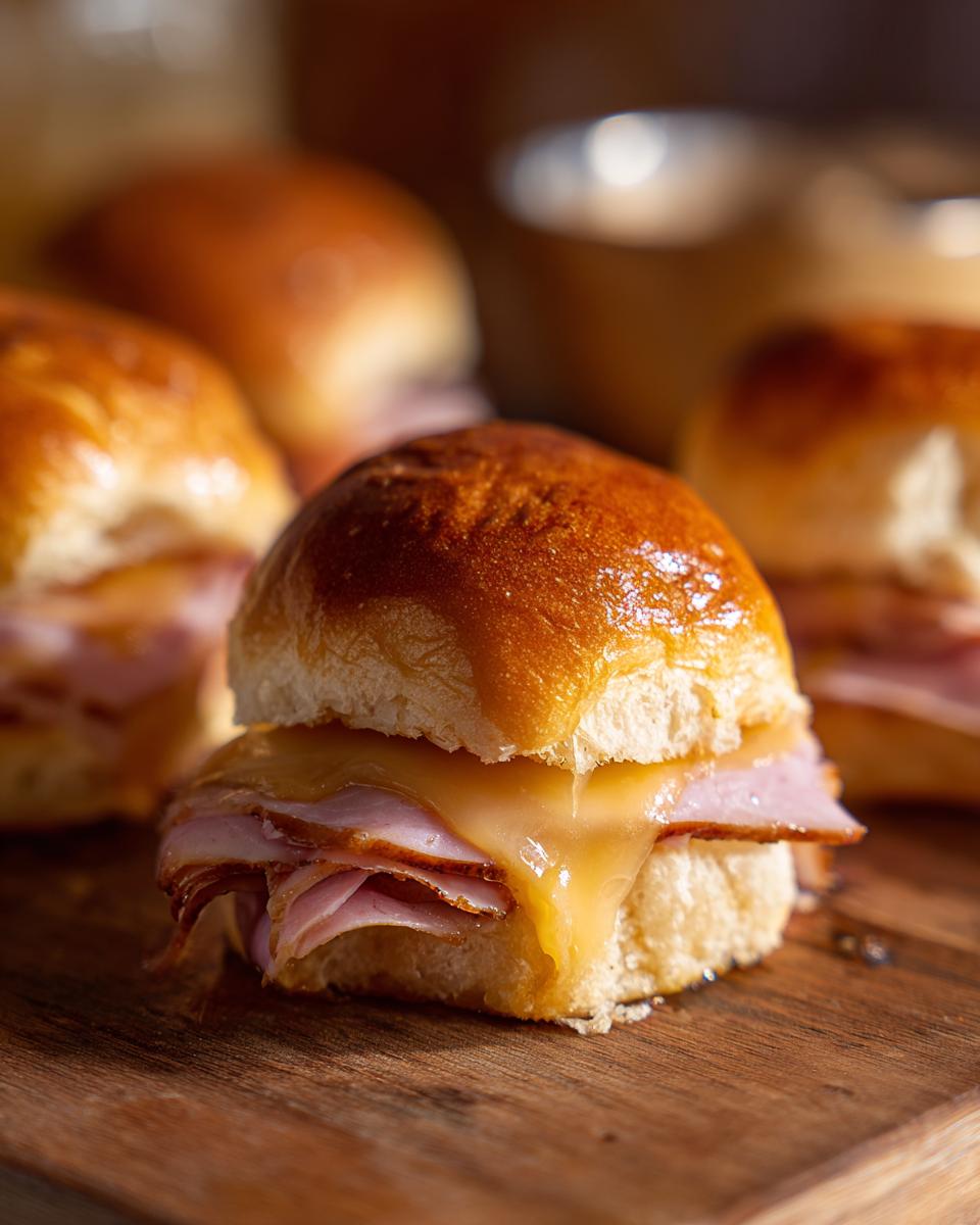 Close-up of a delicious Ham and Cheese Slider with melted cheese oozing out, on a wooden board.