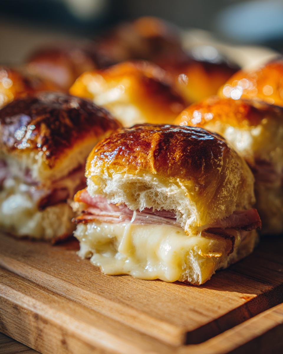 Close-up of a delicious Ham and Cheese Slider with gooey melted cheese and ham on a wooden board.