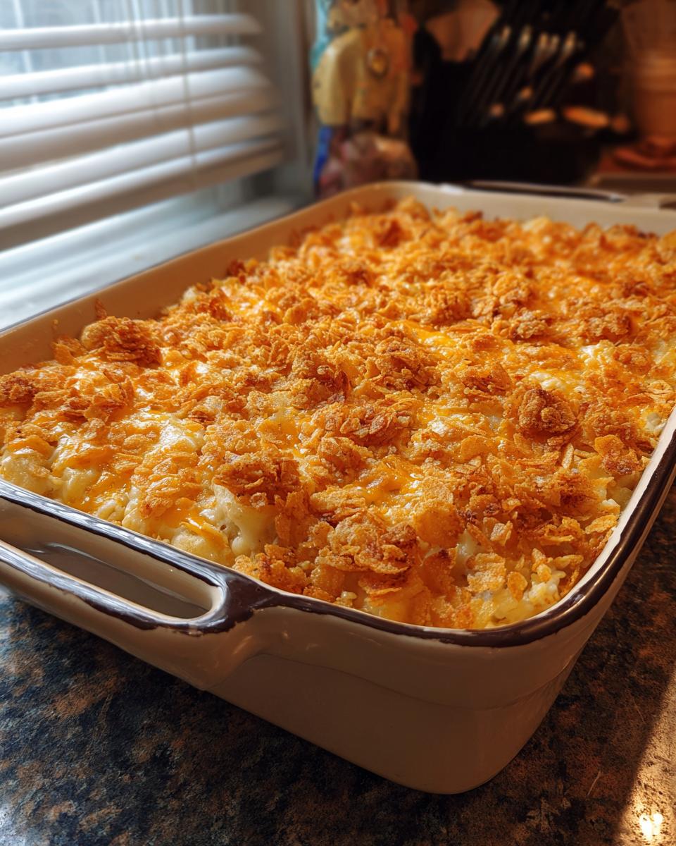 A freshly baked hashbrown casserole in a baking dish, topped with melted cheese and crispy potato flakes.
