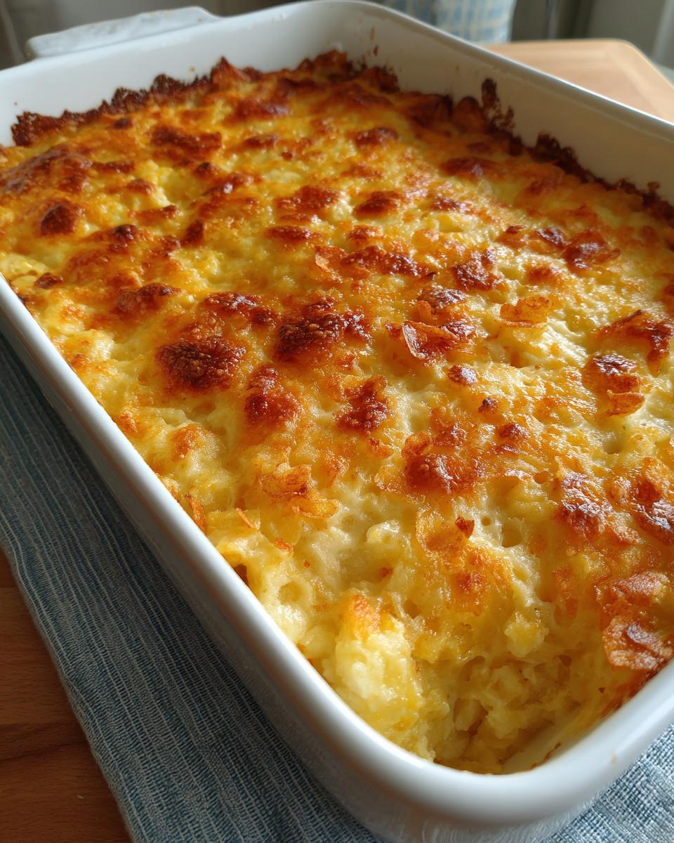 A close-up of a freshly baked hashbrown casserole in a white baking dish, with a golden brown cheesy crust.