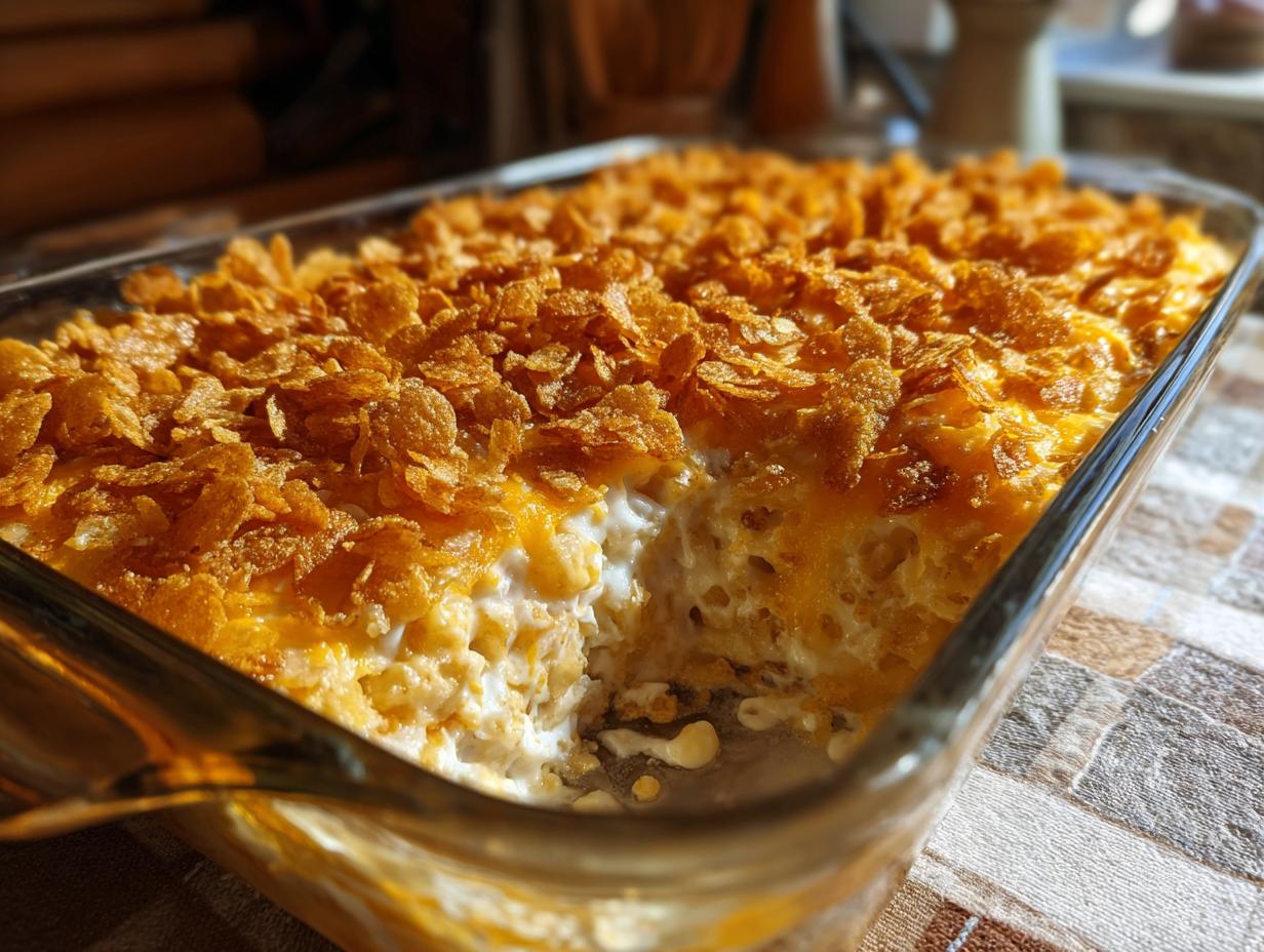 A close-up of a baked hashbrown casserole in a glass dish, topped with melted cheese and crushed cornflakes.