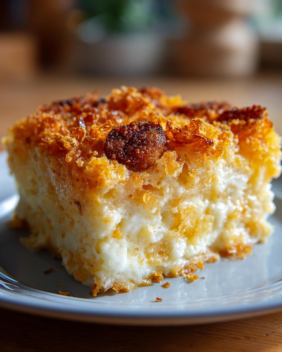 A close-up of a creamy and cheesy slice of hashbrown casserole with a golden-brown crispy topping.