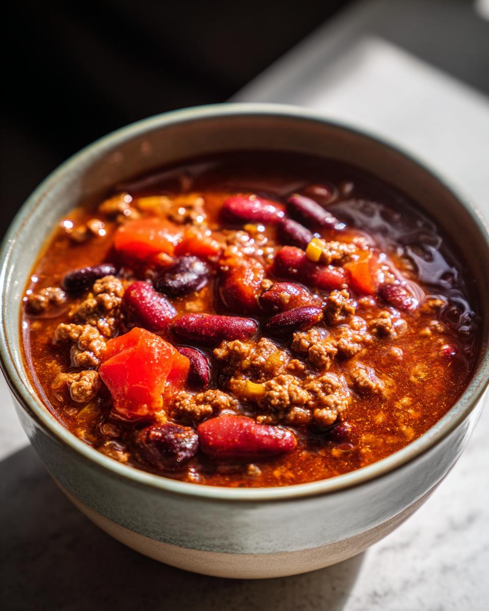 A close-up of a bowl of hearty chili, featuring ground beef, kidney beans, and diced tomatoes.