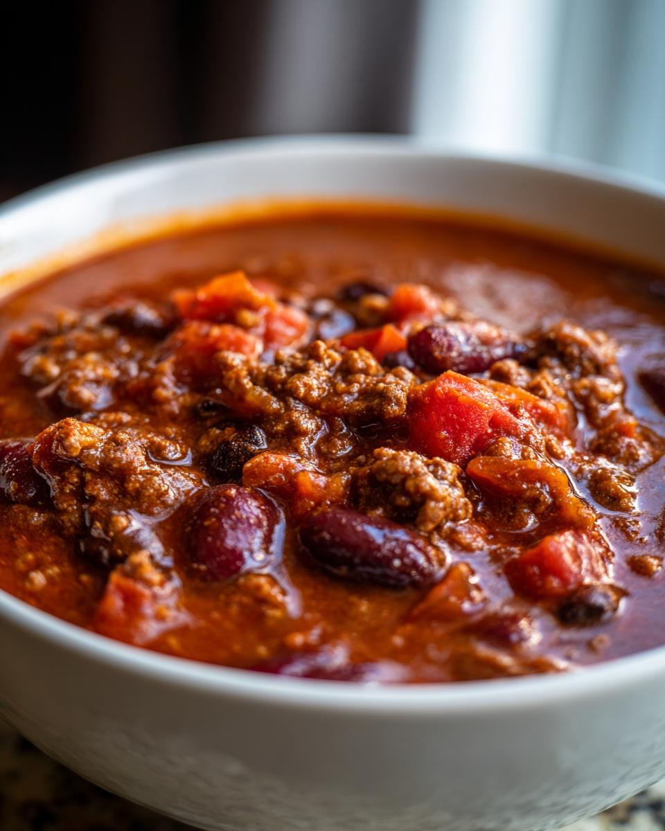 A close-up shot of a bowl of hearty 1-pot chili, featuring ground beef, kidney beans, and diced tomatoes in a rich sauce.