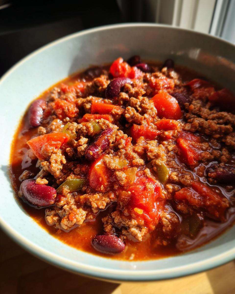 A close-up of a bowl of hearty chili, featuring ground beef, kidney beans, tomatoes, and peppers.
