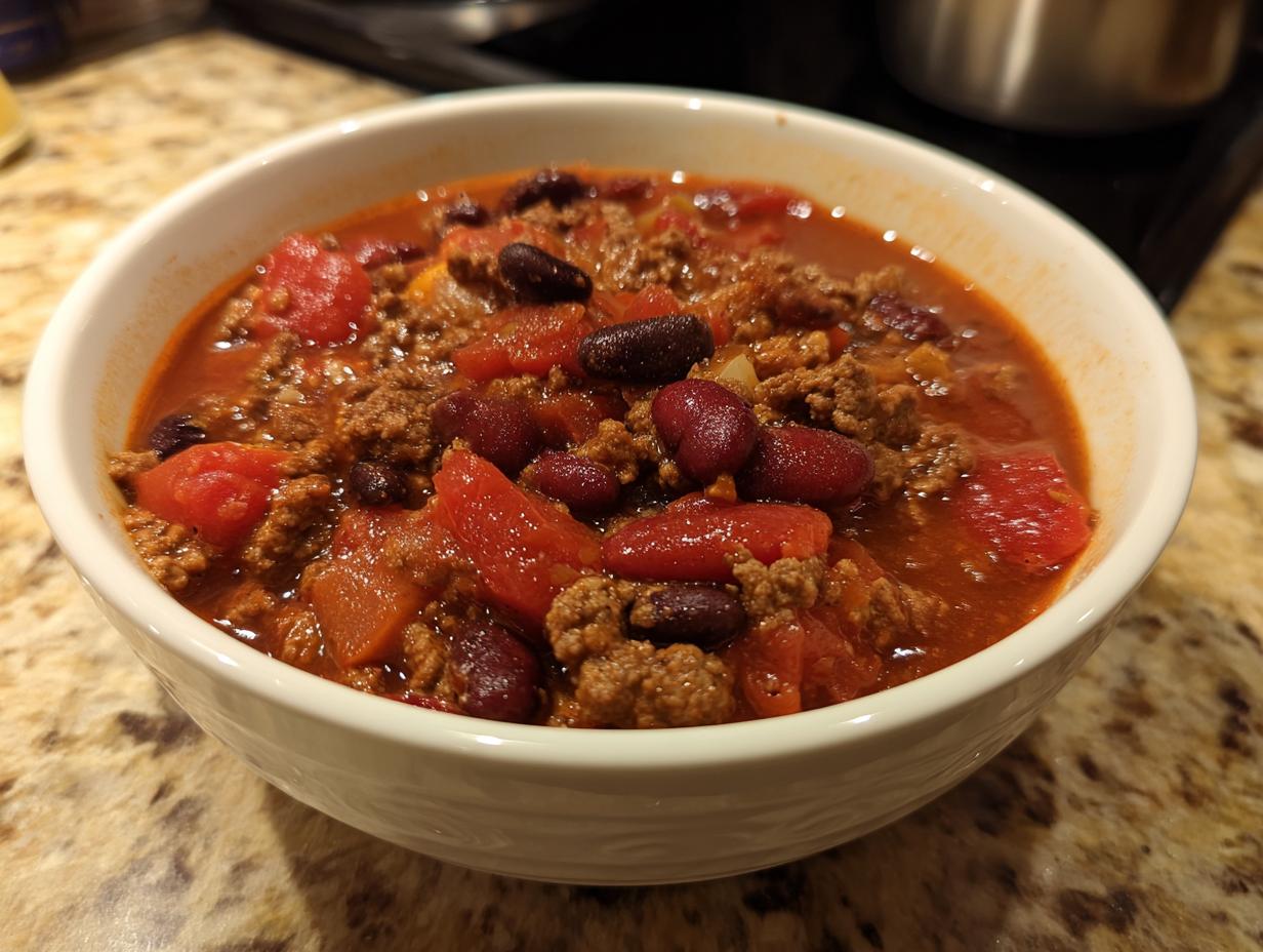 A close-up of a white bowl filled with hearty chili, featuring ground beef, kidney beans, and diced tomatoes.