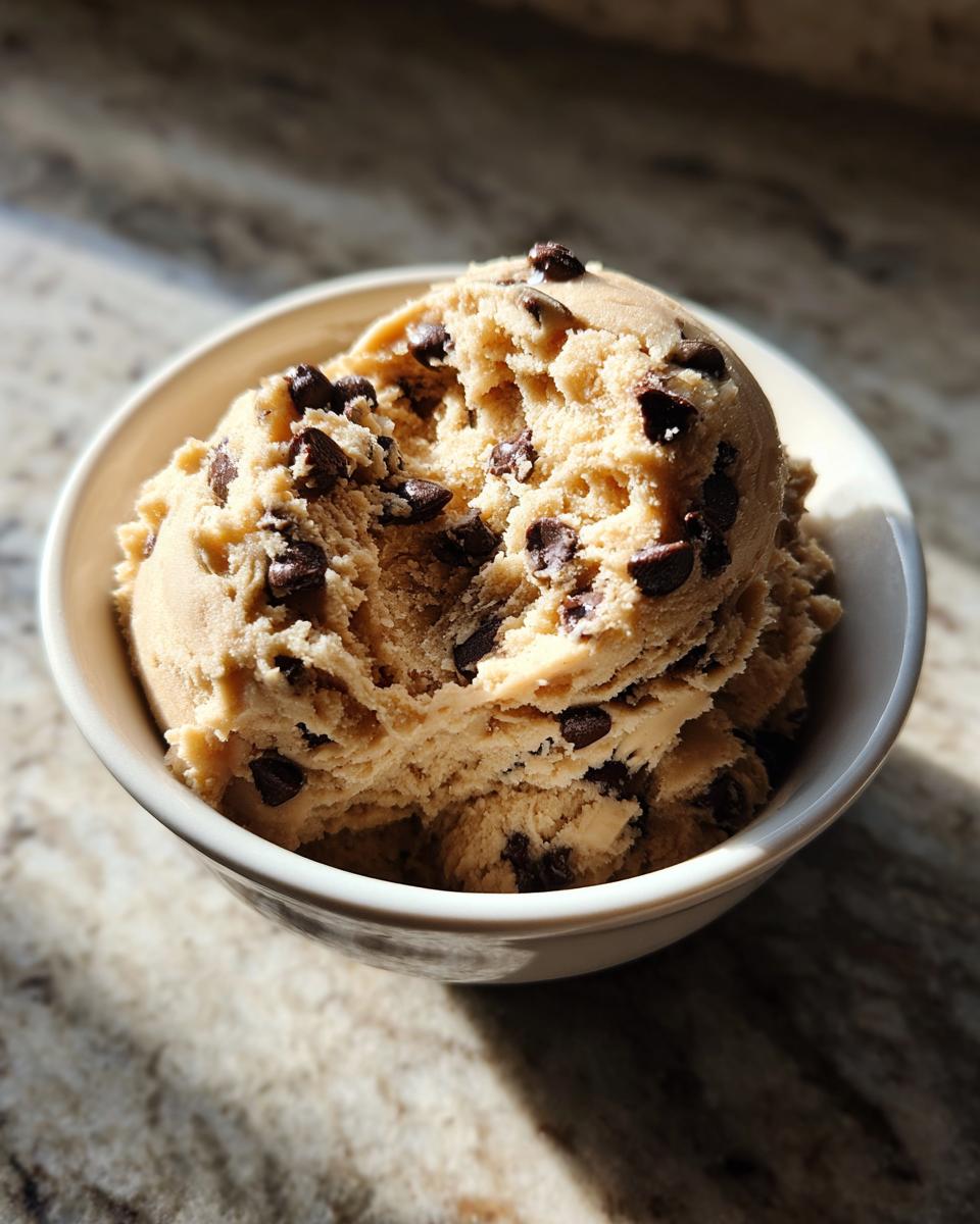 A bowl filled with creamy, scoopable high protein cookie dough studded with chocolate chips.
