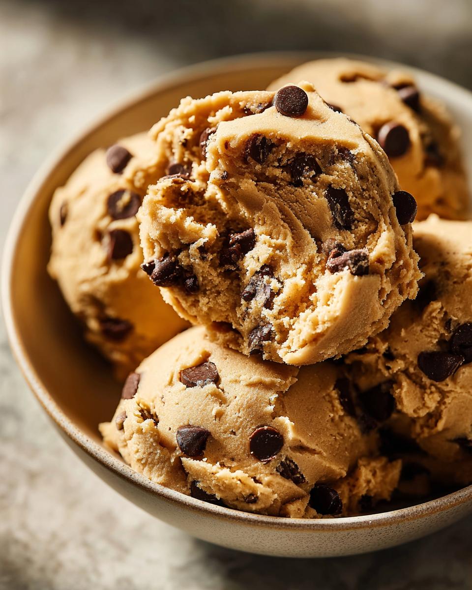 A close-up of a bowl filled with scoops of high protein cookie dough studded with chocolate chips.