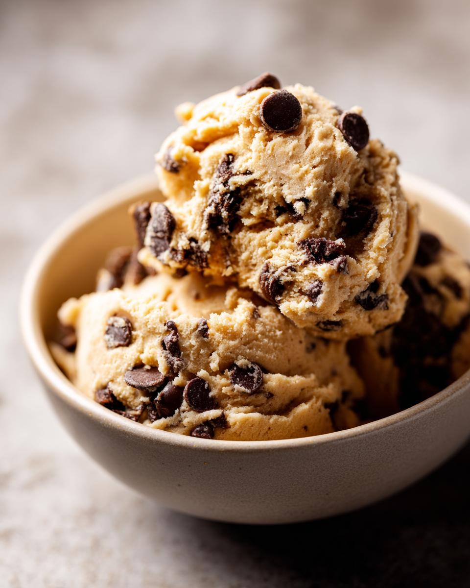 A close-up of a bowl filled with scoops of high protein cookie dough, studded with chocolate chips.