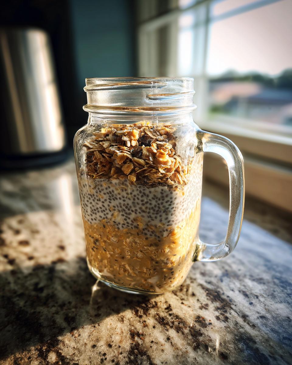 A glass jar filled with layers of high protein overnight oats, chia seeds, and granola.