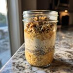 A mason jar filled with layers of high protein overnight oats, chia seeds, and crunchy granola topping.