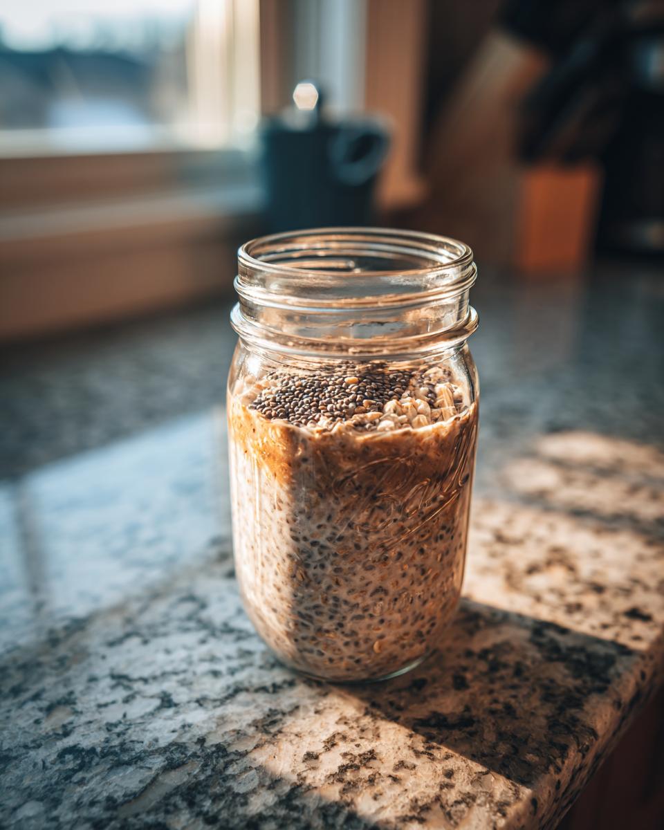 A close-up of high protein overnight oats in a mason jar, topped with chia seeds.