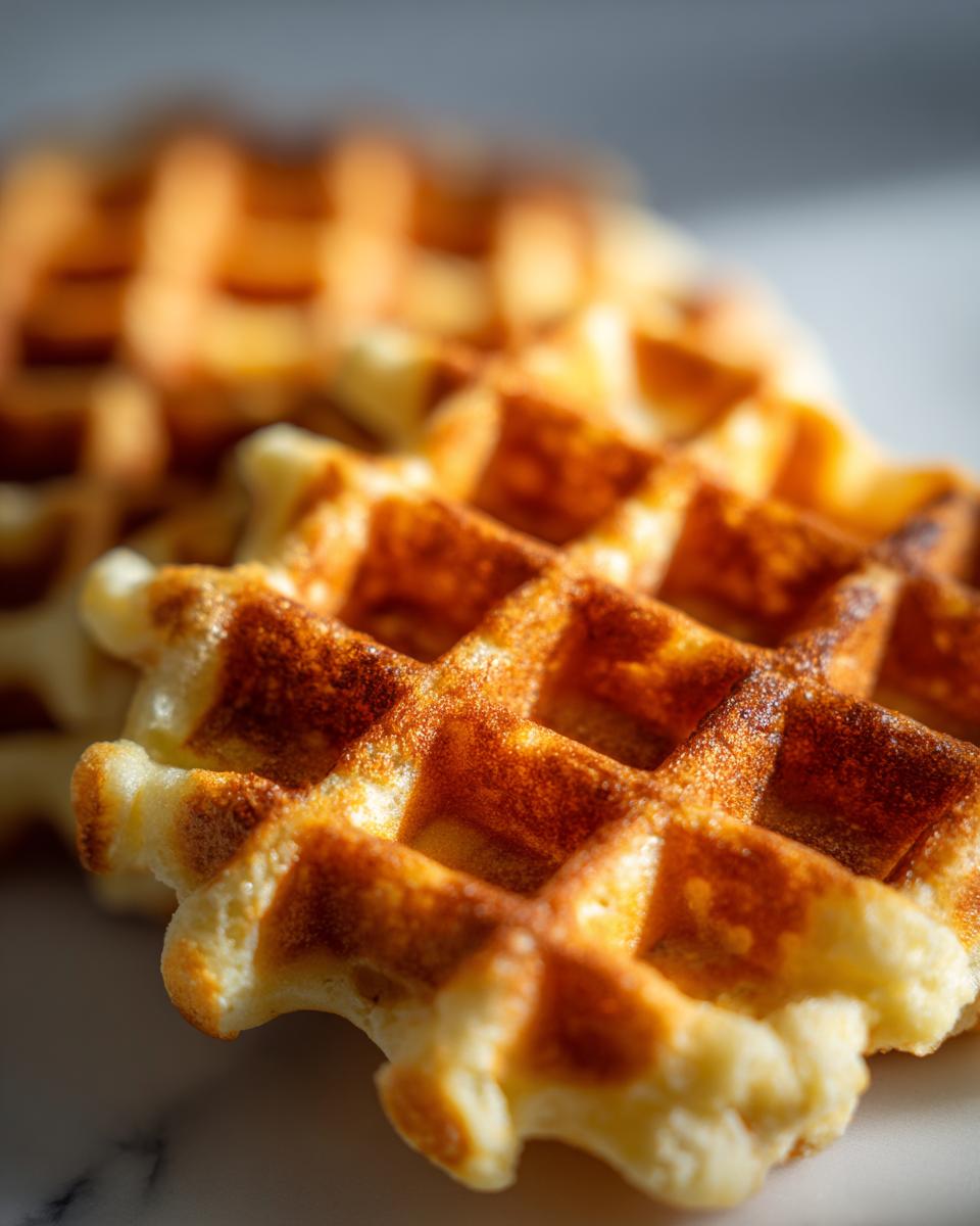 Close-up of golden brown high protein waffles with crisp edges and a fluffy interior.