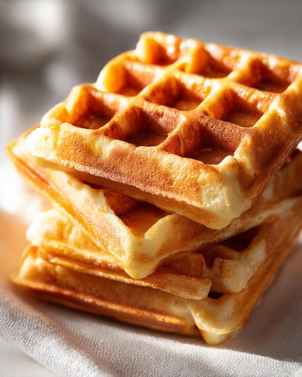 A close-up stack of three golden-brown high protein waffles on a white textured cloth.