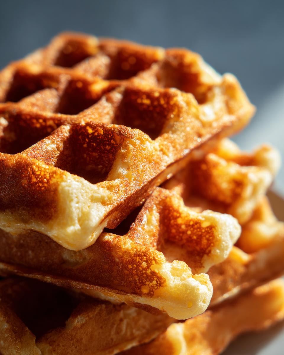 A close-up stack of golden-brown high protein waffles, showing their crisp texture and grid pattern.