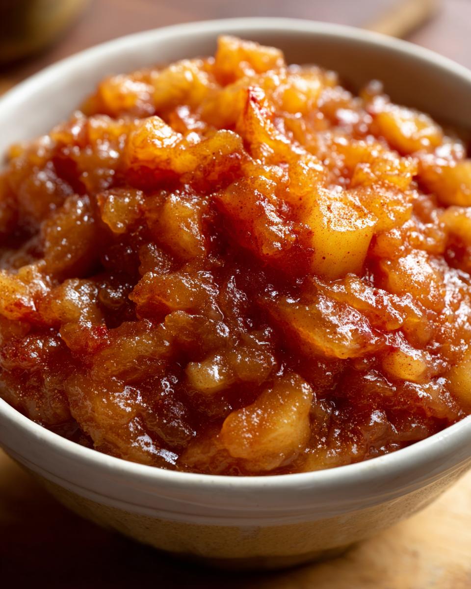 Close-up of a bowl filled with chunky, warm homemade applesauce, seasoned with cinnamon.