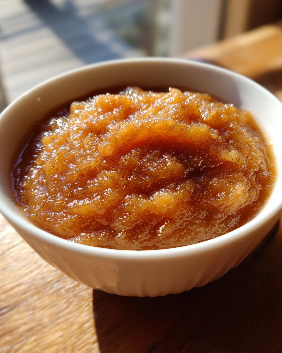 Close-up of a white bowl filled with warm, textured homemade applesauce, lightly dusted with cinnamon.