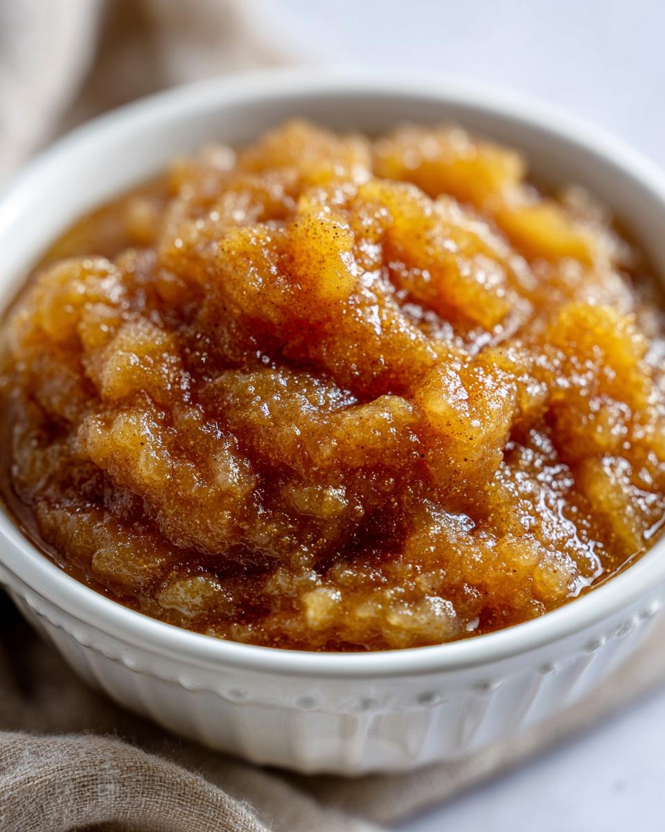 Close-up of a bowl filled with chunky, spiced homemade applesauce.