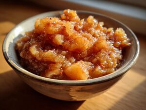 A rustic bowl filled with chunky, cinnamon-spiced homemade applesauce, bathed in warm sunlight.