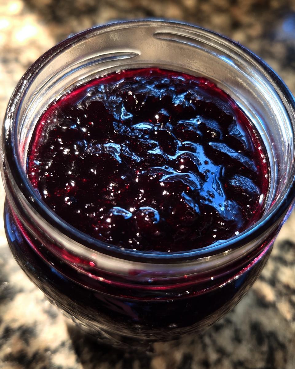 Close-up of a glass jar filled with glistening homemade blueberry jam.