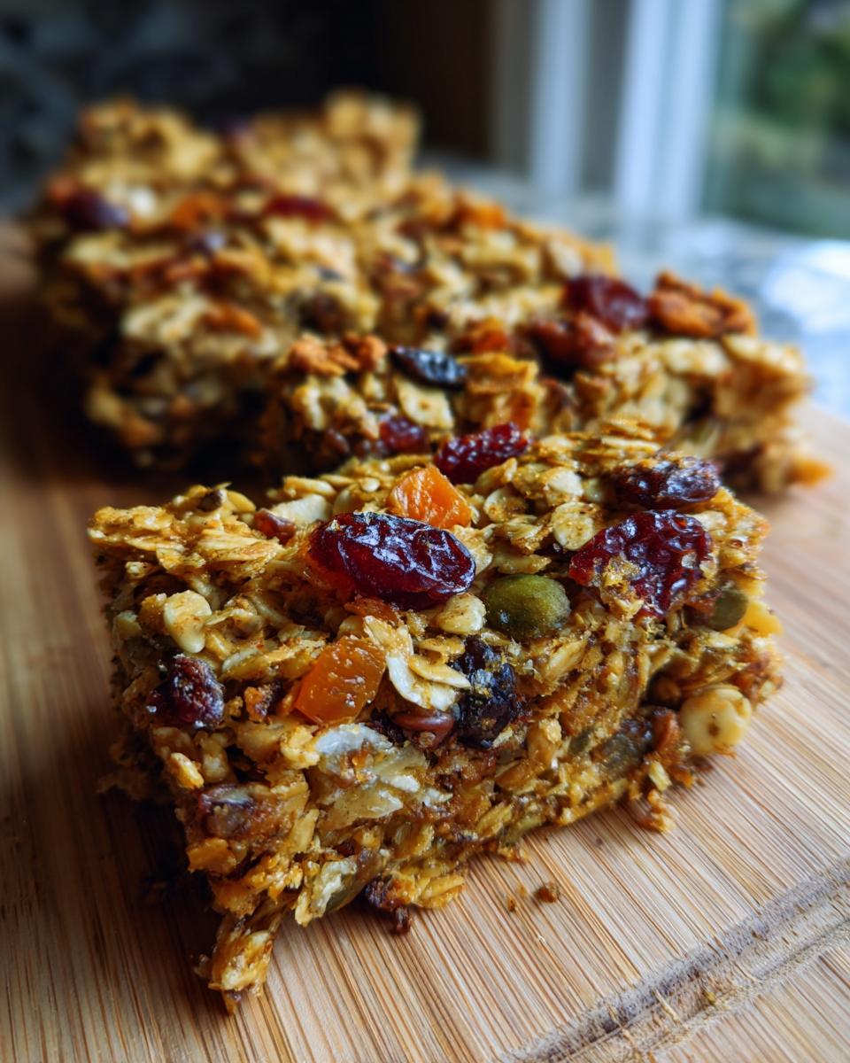 Close-up of a homemade granola bar packed with oats, dried cranberries, apricots, pumpkin seeds, and nuts.