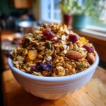 A white bowl overflowing with homemade granola, featuring oats, dried cranberries, pumpkin seeds, and almonds.