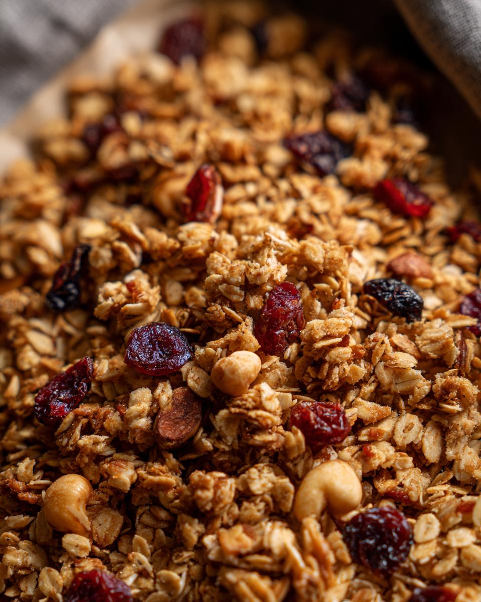 Close-up of golden brown homemade granola with dried cranberries, cashews, and hazelnuts.