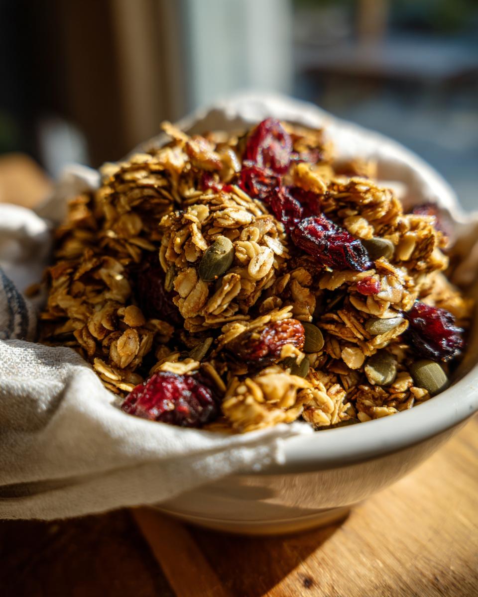 A close-up of a bowl filled with golden brown homemade granola, featuring dried cranberries and pumpkin seeds.