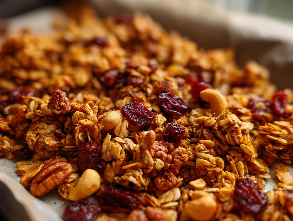 A close-up, top-down view of a batch of homemade granola, featuring oats, cashews, pecans, and dried cranberries.