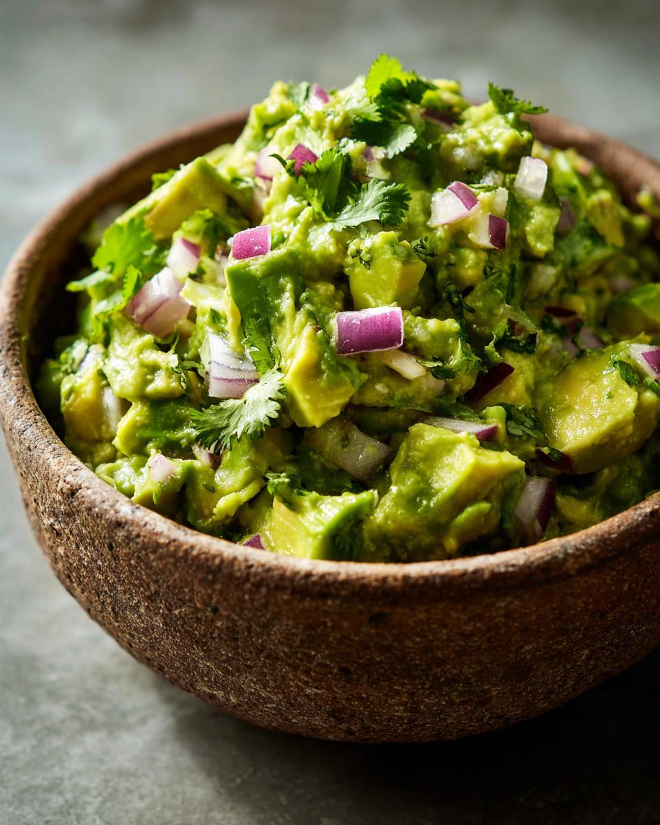 A rustic bowl filled with chunky, vibrant Homemade Guacamole, topped with red onion and cilantro.