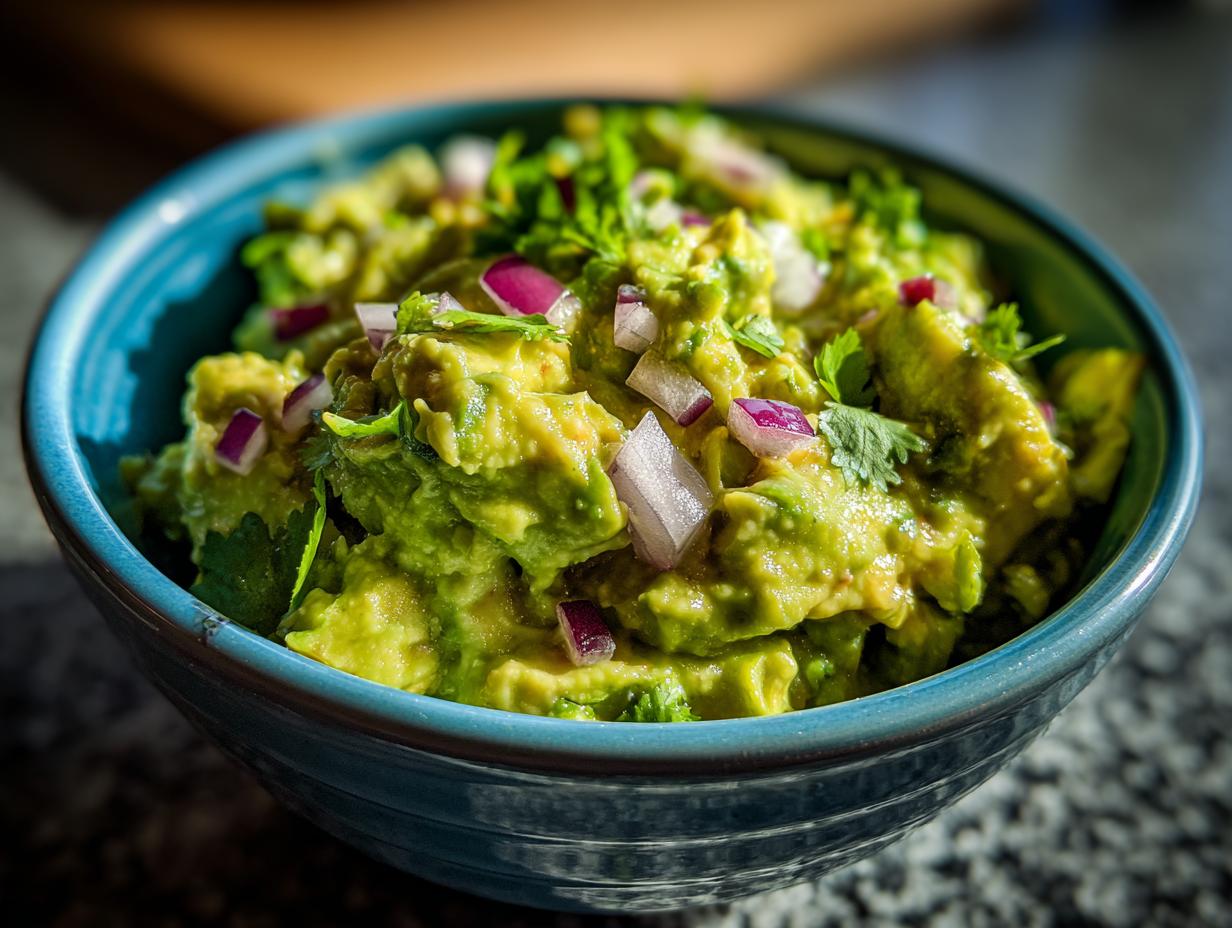 Close-up of vibrant green Homemade Guacamole in a blue bowl, topped with diced red onion and cilantro.